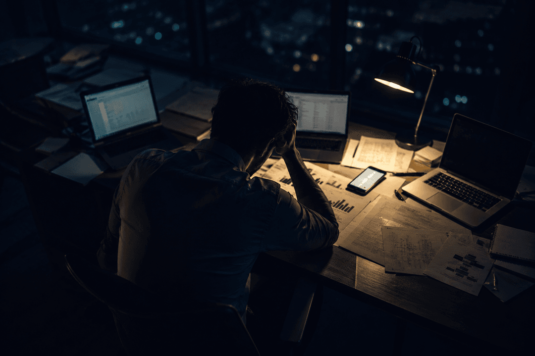 Founder overwhelmed late at night — the operational burnout